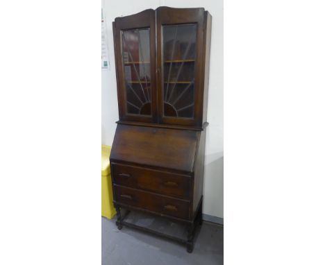 1930's OAK BUREAU BOOKCASE WITH LEAD LIGHT DOORS, GLAZED IN A SUNBURST PATTERN 