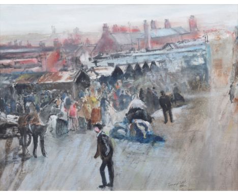 John Thompson (1924-2011), "Village Market - Tommyfield, Oldham", signed, titled on gallery label verso, mixed media on paper