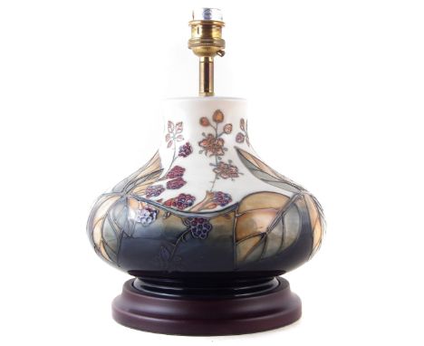 Moorcroft brambles pattern lamp and shade, after Sally Tuffin designer, the ceramic part measures 15cm high excluding fitting