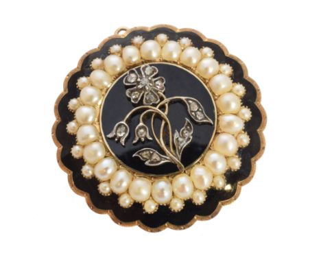A mid Victorian enamel, diamond and pearl mourning brooch, designed as a rose cut diamond forget-me-not, with black enamel ba