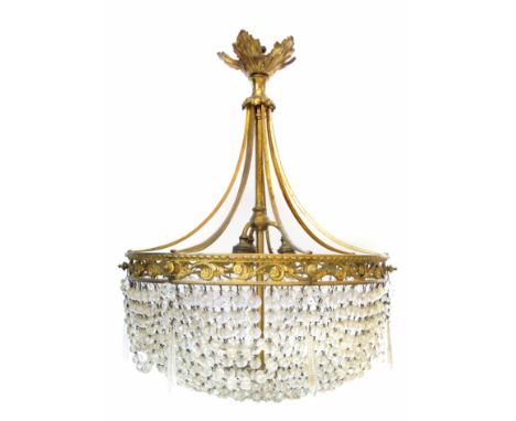 Early 20th century brass framed chandelier, single rod supporting three electric light fittings, six out-swept rods connected