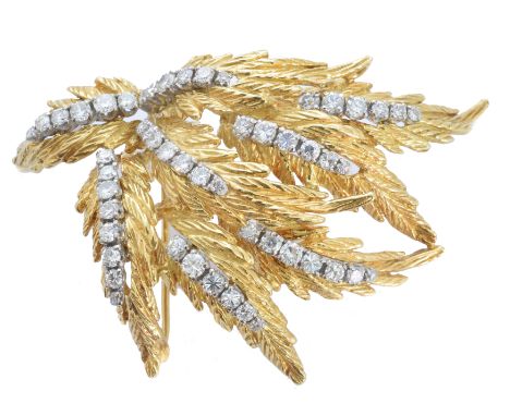 A 1960s 18ct diamond spray brooch by Ben Rosenfeld, designed as a textured foliate spray with single and brilliant cut diamon