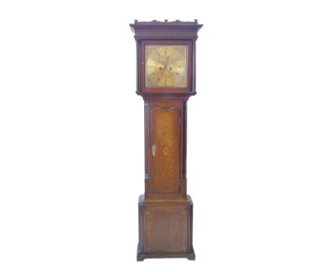 Late 18th century long-case clock, 8-day movement striking on single bell, square brass dial with spandrels, chapter ring wit