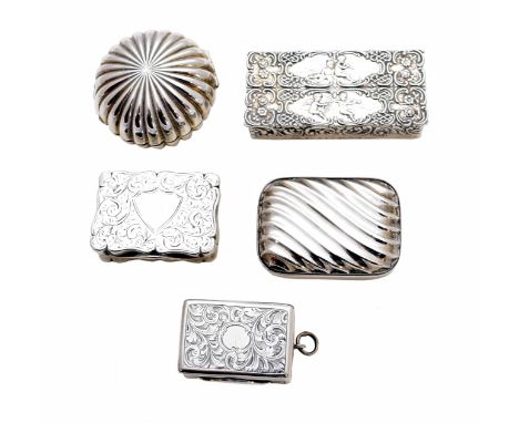 A selection of silver snuff boxes, to include a Victorian circular reeded snuff box of square form, a 1970's rectangular snuf