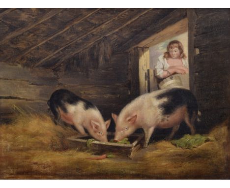 After George Morland (British, 1763-1804), "Girl and Pigs", unsigned, oil on canvas, 34.5 x 45cm, 13.5 x 17.75in.Condition re