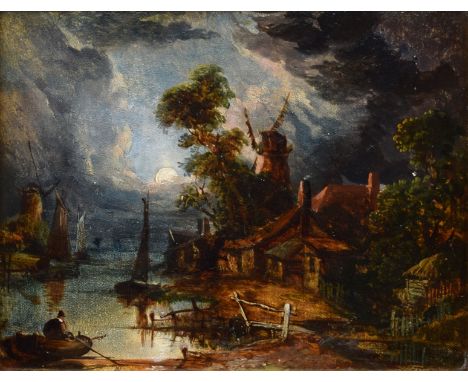 Attributed to John Crome (1768-1821), Moonlit river scene with boats and windmills, unsigned, oil on canvas, 19 x 24cm, 7.5 x
