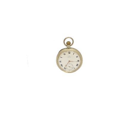 An Omega open face pocket watch, the signed white enamel dial with Roman numeral hour markers, outer minutes track and subsid