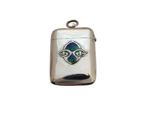 A Liberty &amp; Co. Cymric silver and enamel vesta case designed by Archibald Knox, of rectangular form, with blue and green 