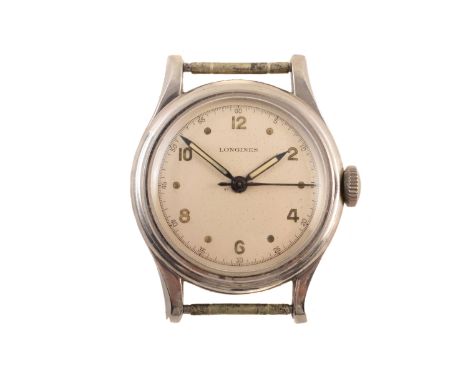 A mid 20th Century Longines stainless steel watch, the circular signed silver tone dial with alternating Arabic and dot hour 