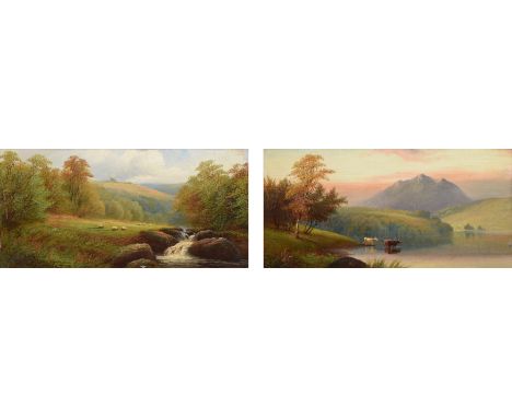William Mellor (1851-1931), River landscape with sheep and lake scene with cattle watering, both signed, a pair, oil on board