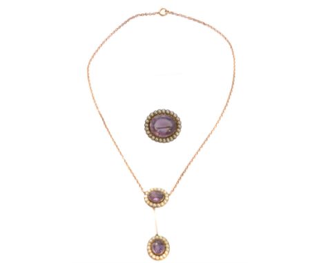 A set of amethyst and split pearl jewellery, comprising a necklace and a brooch, each designed as an oval shape amethyst with