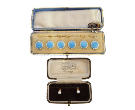 A selection of early 20th Century dress studs, to include a cased set of silver gilt blue and white enamel dress studs, a cas