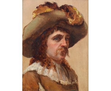 Albert William Holden (British, 1848-1932), Portrait of a cavalier, signed, oil on panel, 17.5 x 12.5cm, 6.75 x 5in.Condition