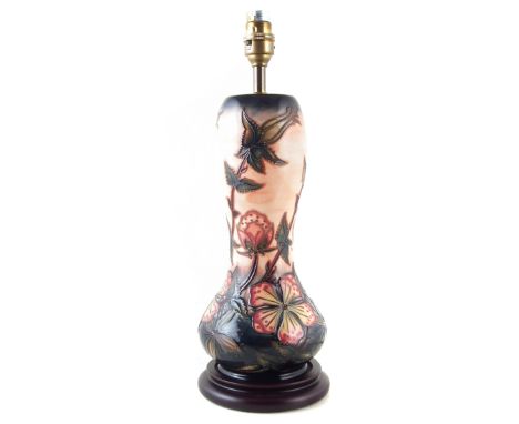 Moorcroft Sweet Briar pattern lamp and shade, after Rachel Bishop, the ceramic part measures 28cm excluding fittings. CONDITI