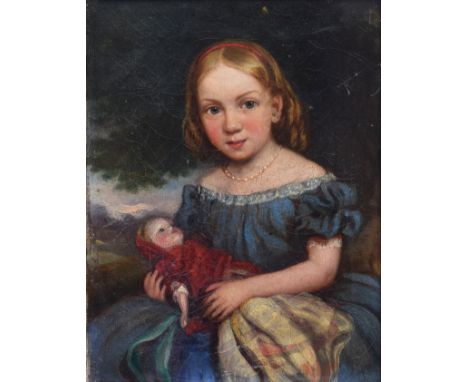 English School, 19th century, Portrait of a seated girl with a doll, unsigned, oil on canvas, 25 x 19.5cm, 9.75 x 7.75in.Cond