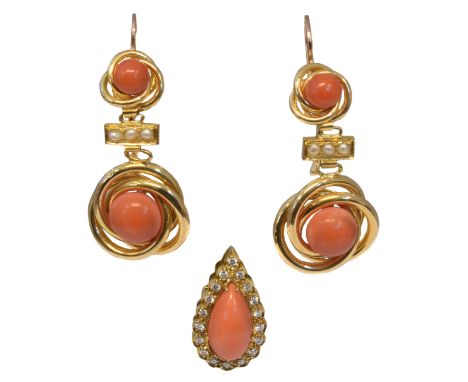 A selection of coral jewellery, to include a coral and diamond cluster pendant, together with a pair of 18ct gold coral and s