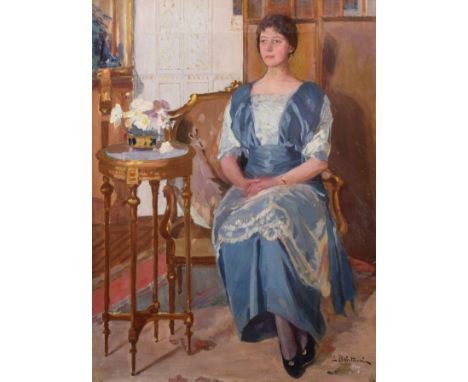 Lionello Balestrieri (Italian, 1872-1958), Portrait of a seated lady, signed, oil on canvas, 49.5 x 36.5cm, 19.5 x 14.5in.Con