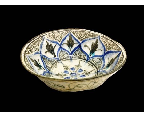 RARE IMPRESSIVE FLORAL PANELLED TIMURID CERAMIC BOWL20CM DIAMETER X 10CM TALL 