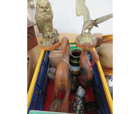 Box to include ceramic oriental cats, wooden figures, ceramics, brass owl &amp; eagle