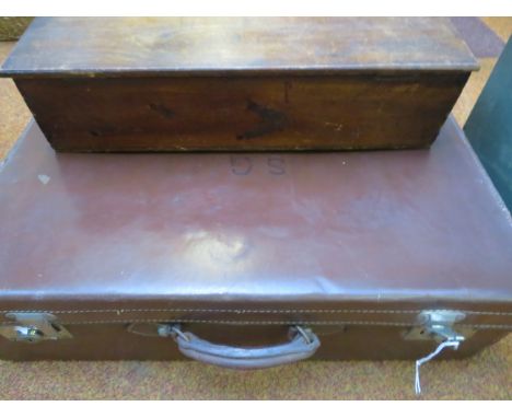 Vintage leather suitcase together with wooden box