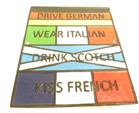 Cast iron sign, German, Italian, scotch &amp; French