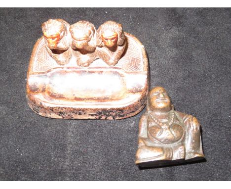 Bronze Buddha together with thinking monkey ashtray 