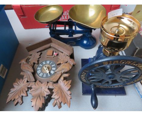 Good quality coffee grinder, black forest cuckoo clock together with vintage scales &amp; weights