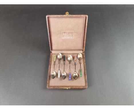 A cased set of six Swedish white metal and enamel coffee spoons, stamped 'Egon Lauridsen, Sterling', gross weight 56g. 