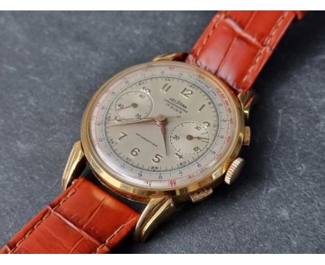 A 1930s Delbana gold plated manual wind chronograph wristwatch, 37mm, on later crocodile strap. 