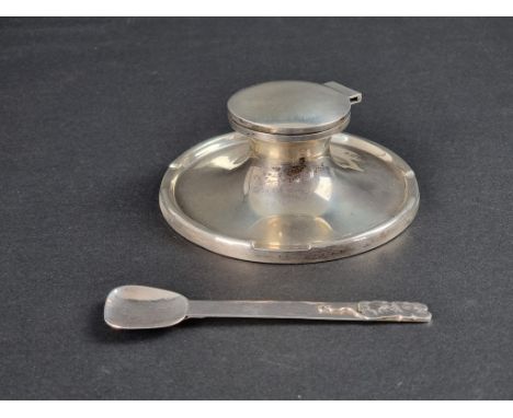 A silver capstan inkwell, by&nbsp;A &amp; J Zimmerman Ltd, Birmingham 1932; together with a silver child's spoon, having mous