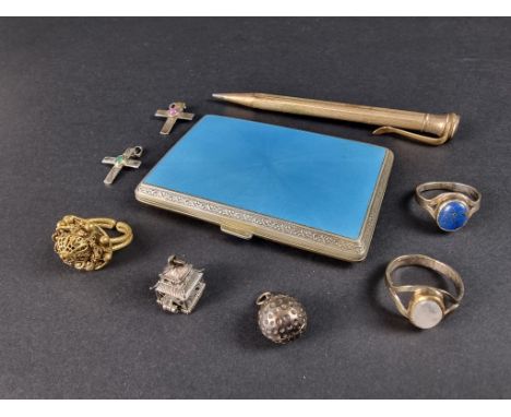 A gilt metal and blue guilloche enamel cigarette case, 87cm high; together with a rolled gold propelling pencil and seven ite