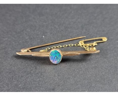 A yellow metal and opal bar brooch, 50mm. 