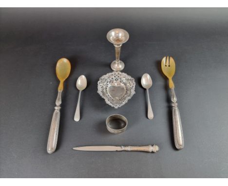 A pierced silver heart shaped bonbon dish; together with a silver napkin ring; various other silver and silver mounted items;