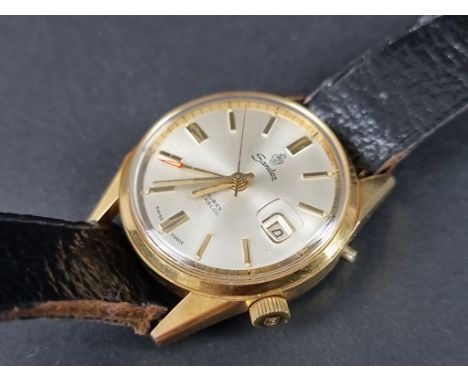 A vintage Sandoz gold plated manual wind wristwatch, 34mm, Ref. 781Y-98-2, on a black leather strap. 