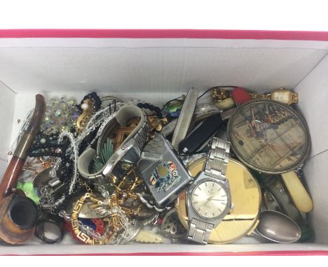 A collection of costume jewellery including a Tissot Autolub Actualis, penknives, wooden pipe, lighters etc. postage category