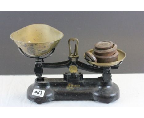 Set of Early 20th century ' Librasco ' Libra Scale Co Scales with Brass Pans and Iron Weights