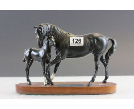 Beswick Black Beauty & Foal ceramic model with wooden base