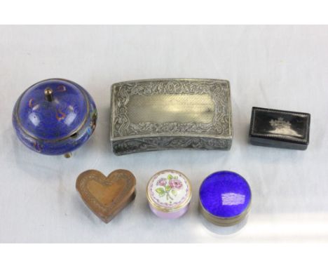 Georgian Papier Mache Snuff Box, 19th century White Metal Curved Snuff Box, Copper Heart Shaped Pill Box, Blue Enamel Top Pat