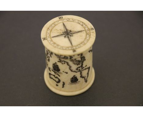 Bone Scrimshaw Style box with lid and engraved with Compass & Map imagery