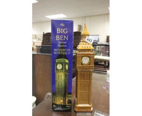 Special reserve Scotch whisky decanter in the form of Big Ben with inset clock, with contents.  17" high with original box