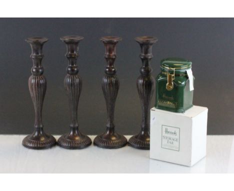 Four Bronze Effect Metal Candlesticks plus a Boxed Harrods Storage Jar with Afternoon Tea