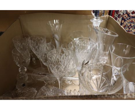 Box of glass ware to include wine glasses decanter vases etc.