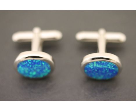 Pair of silver and blue opal cufflinks