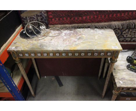 Reproduction French Style Marble Top Console Table with applied porcelain floral plaques and gilt metal mounts