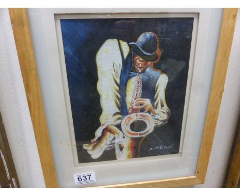 Studio framed oil painting portrait of a Jazz saxophonist signed M Harold