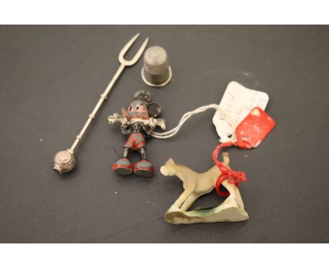 Four vintage collectables to include; Silver thimble & pickle fork, Wade horse and a cold painted Mickey Mouse figure