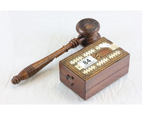 Inlaid folding wooden Cribbage board and a vintage wooden Gavel