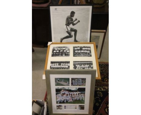 Boxing and cricket interest - portrait print of Muhammad Ali, and a commemorative photograph of Ashes series 2010/11