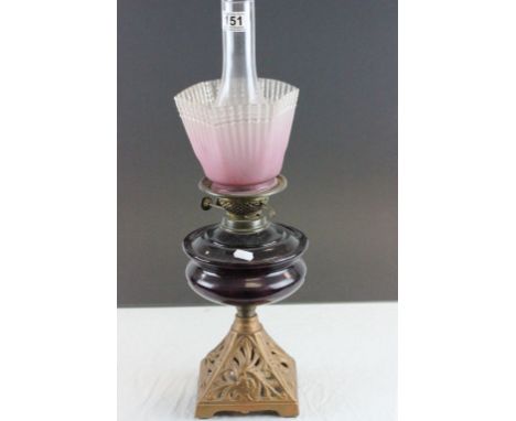 19th Century Oil Lamp with glass reservoir, shade & funnel and gilt cast metal base