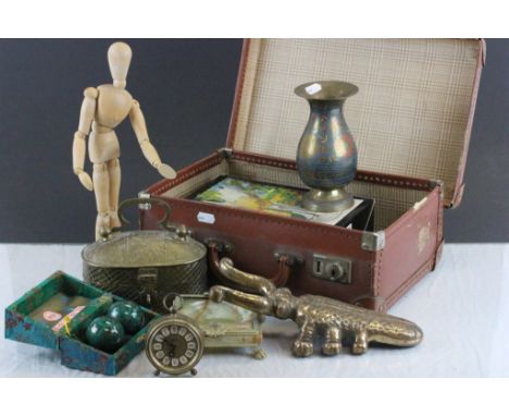 Small suitcase of mixed items to include; Dartington glass goblets, small clock, metalware, wooden mannequin etc